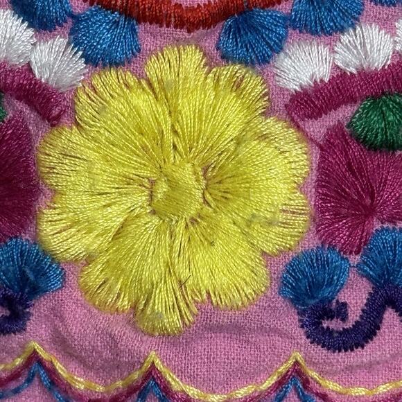 Mexican Dress Tunic Small Embroidered Pink Colorful Puff Sleeve Artsy Boho - Picture 6 of 7